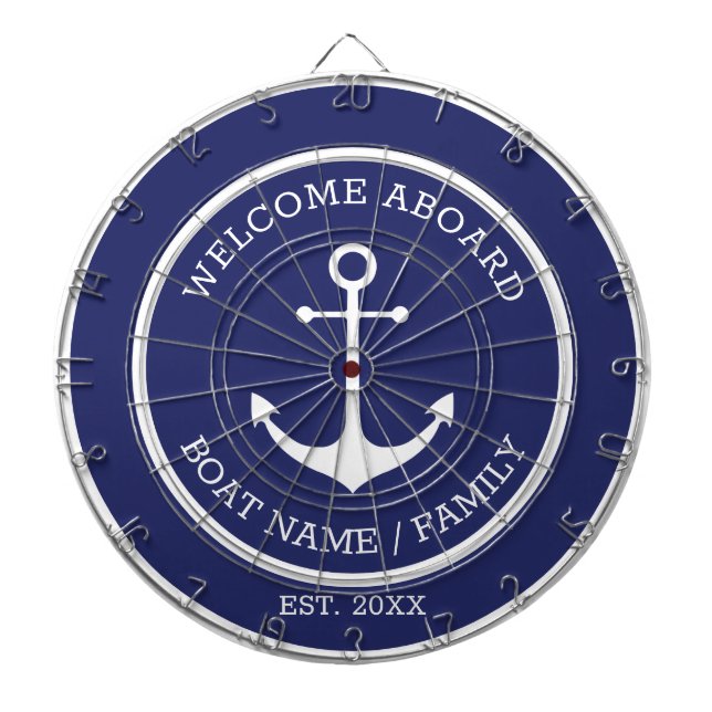 Welcome Aboard blue white nautical anchor custom Dartboard (Front)