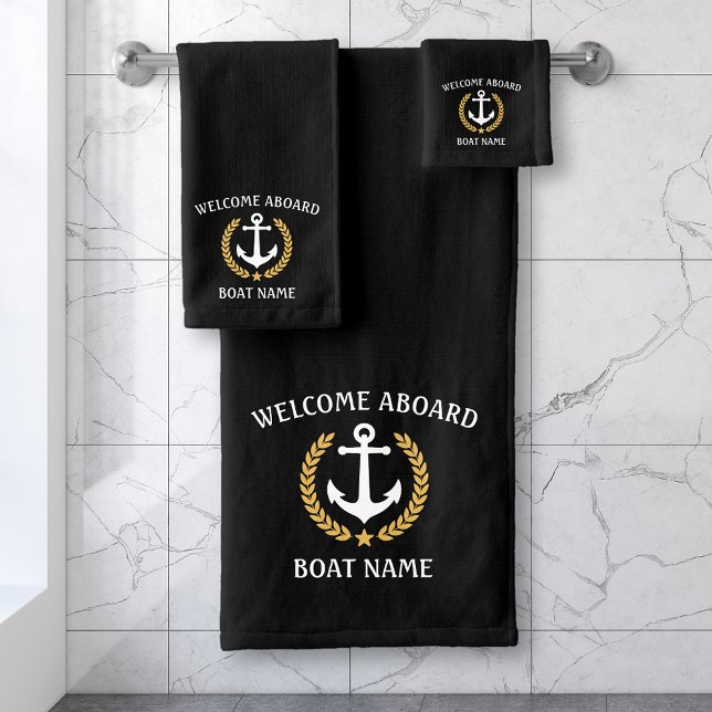 Welcome Aboard Boat Name Anchor Gold Laurel Black Bath Towel Set (Creator Uploaded)