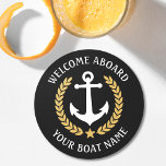 Welcome Aboard Boat Name Anchor Gold Laurel black Round Paper Coaster<br><div class="desc">A stylish nautical themed set of paper coasters with welcome aboard and your personalised boat name, family name or other desired text. Features a custom designed boat anchor with gold style laurel leaves and a star on black or easily customise the base colour to match your current decor or theme....</div>