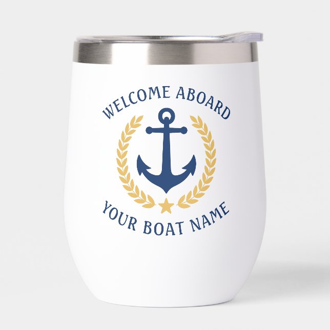 Welcome Aboard Boat Name Anchor Gold Laurel Navy (Left)