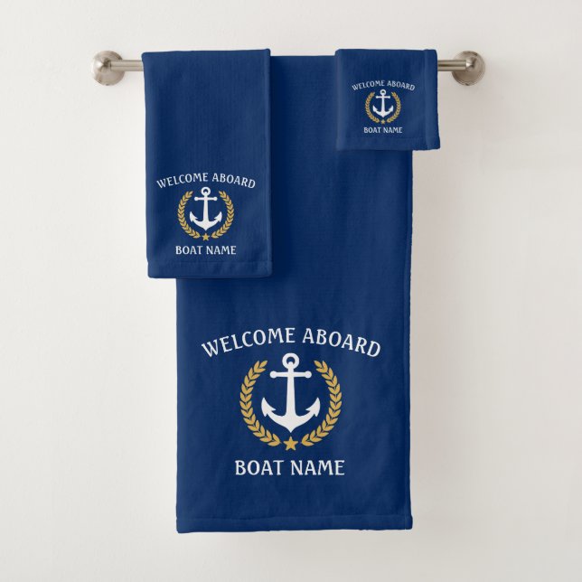 Welcome Aboard Boat Name Anchor Gold Laurel Navy Bath Towel Set (Insitu)