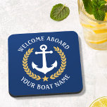 Welcome Aboard Boat Name Anchor Gold Laurel Navy Coaster<br><div class="desc">A set of nautical themed cork back beverage coasters with welcome aboard and your personalized boat name, family name or other desired text. Features a custom designed boat anchor with gold style laurel leaves and a star on classic navy blue or easily customize the base color to match your current...</div>