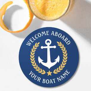 Welcome Aboard Boat Name Anchor Gold Laurel Navy Round Paper Coaster