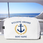 Welcome Aboard Boat Name Anchor Gold Laurel Star<br><div class="desc">A personalised, nautical themed, cosmetics, grooming and toiletry kit bag to keep you travel items organised and safe. This design featuring a custom made boat anchor with gold coloured laurel leaves and a gold star with rich text reading "Welcome Aboard" and your name or boat name. The colours are navy...</div>