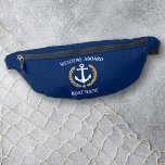 Welcome Aboard Boat Name Anchor Gold Laurel Star Bum Bags<br><div class="desc">Personalised fanny packs featuring a custom designed nautical boat anchor, gold style laurel leaves and a gold star with "Welcome Aboard" and your name or boat name. This waist pouch design is in white and gold colours on classic navy blue or edit the design and easily change the belt pouch...</div>