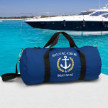 Welcome Aboard Boat Name Anchor Gold Laurel Star Duffle Bag<br><div class="desc">A custom designed nautical boat anchor, gold style laurel leaves and a gold star with "Welcome Aboard" and your personalised name or boat name on a stylish gym or travel duffle bag. This design is in white and gold colours on classic navy blue or edit the design and easily change...</div>