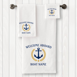 Welcome Aboard Boat Name Anchor Gold Laurel White Bath Towel Set