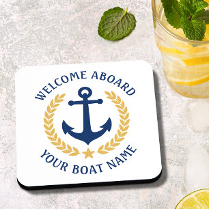 Welcome Aboard Boat Name Anchor Gold Laurel White Coaster