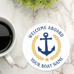 Welcome Aboard Boat Name Anchor Gold Laurel white Round Paper Coaster<br><div class="desc">A stylish nautical themed set of paper coasters with welcome aboard and your personalised boat name, family name or other desired text. Features a custom designed boat anchor with gold style laurel leaves and a star on white or easily customise the base colour to match your current decor or theme....</div>