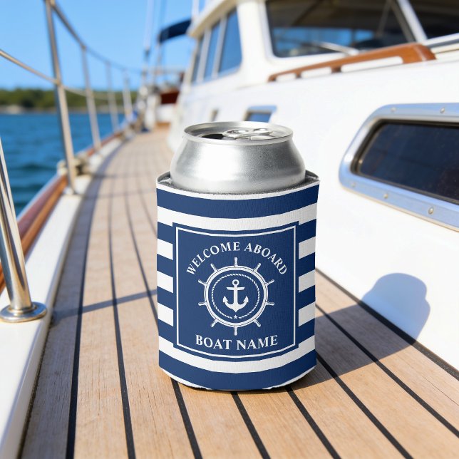 Welcome Aboard Boat Name Anchor Helm Striped Can Cooler (Customize with Your Boat Name.)
