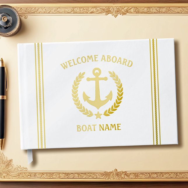 Welcome Aboard Boat Name Anchor Laurel Star  Guest Book (Several sizes to choose from.)