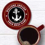 Welcome Aboard Boat Name Anchor Maroon Red Gold Coaster Set<br><div class="desc">A nautical themed coaster set with welcome aboard and your personalised boat name or other desired text. Features a custom designed boat anchor and rope. Comes in black and white with gold coloured trim on maroon red or easily change the base colour to match your current decor.</div>