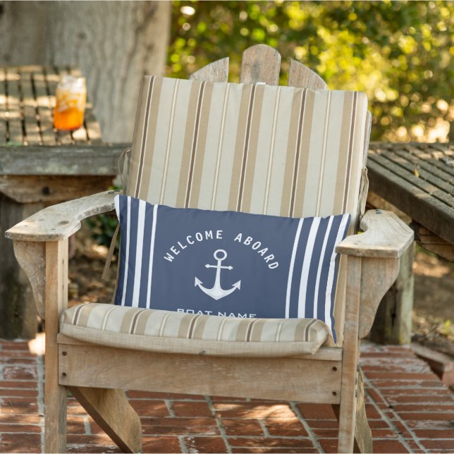 Welcome Aboard Boat Name Anchor Navy Blue White Lumbar Cushion (Chair)