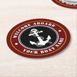 Welcome Aboard Boat Name Anchor Red Gold Style Rou Round Paper Coaster
