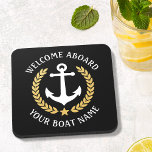 Welcome Aboard Boat Name Anchor Regal Gold Laurel Coaster<br><div class="desc">An elegant set of nautical themed cork back beverage coasters with welcome aboard and your personalised boat name, family name or other desired text. Features a custom designed boat anchor with gold style laurel leaves and a star on regal black or easily customise the base colour to match your current...</div>