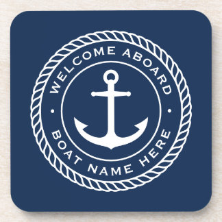 Welcome aboard boat name anchor rope border coaster
