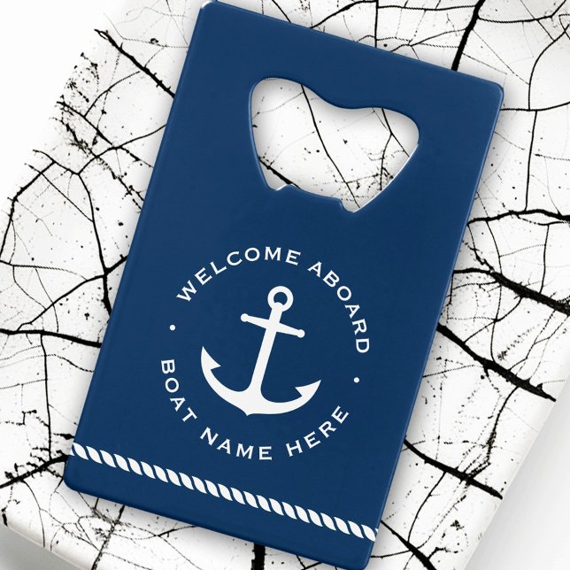 Welcome aboard boat name anchor rope dark blue (Welcome aboard boat name anchor rope dark blue credit card bottle opener)