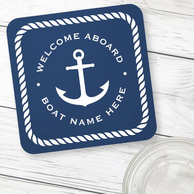 Welcome aboard boat name anchor rope dark blue coaster (Welcome aboard boat name anchor rope dark blue beverage coaster)