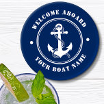 Welcome Aboard Boat Name Anchor Rope Navy Coaster<br><div class="desc">A nautical themed coaster set with welcome aboard and your personalised boat name or other desired text. Features a custom designed boat anchor and rope. Comes in white on navy blue or easily change the base colour to match your current decor.</div>