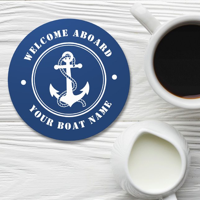 Welcome Aboard Boat Name Anchor Rope Navy Round Paper Coaster (Creator Uploaded)