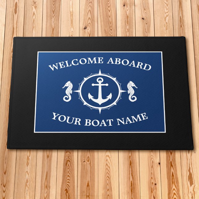 Welcome Aboard Boat Name Anchor Seahorse Navy Blue Doormat (Several sizes to choose from.)