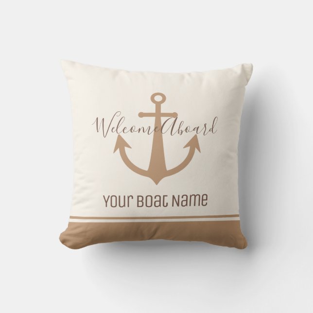 Welcome Aboard Boat Name Cream Anchor Nautical Cushion (Front)