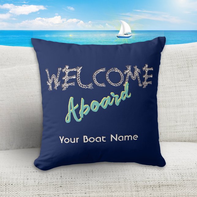 Welcome Aboard Boat Name Dark Navy Blue Nautical Cushion (A stylish navy blue throw pillow with words 'Welcome Aboard', to personalize with your boat name)