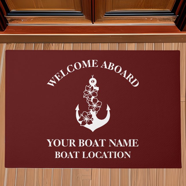 Welcome Aboard Boat Name Floral Anchor Maroon Doormat (Creator Uploaded)