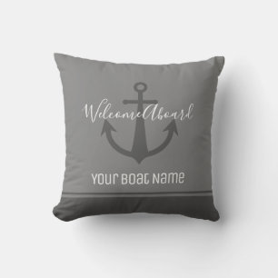 Welcome Aboard Boat Name Grey Anchor Nautical Cushion