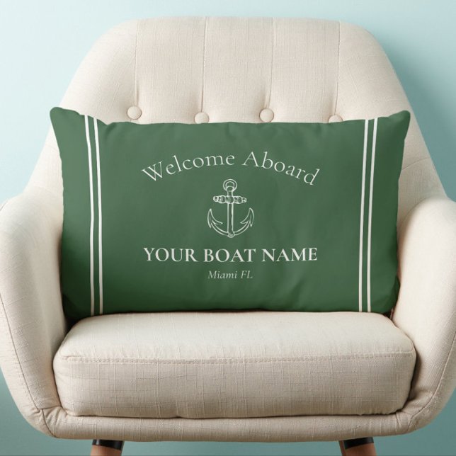 Welcome Aboard Boat Name Hunter Green Nautical Lumbar Cushion (Nautical Welcome Aboard Pillow Personalized with Your Boat Name and Home Port in Hunter Green)