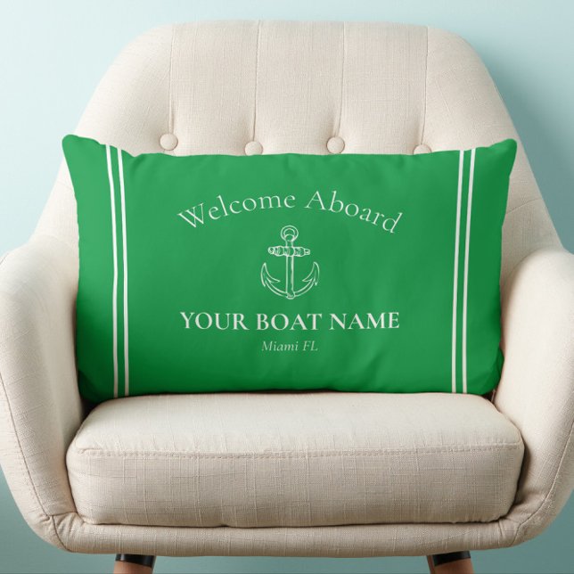 Welcome Aboard Boat Name Kelly Green Nautical Lumbar Cushion (Green and White Welcome Aboard Nautical Lumbar Pillow with Your Boat Name and Home Port)