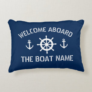 Welcome aboard boat name nautical anchor navy blue decorative cushion