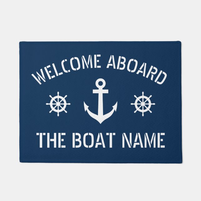 Welcome aboard boat name nautical anchor navy blue doormat (Front)
