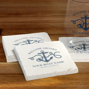 Welcome Aboard Boat Name Nautical Anchor Stone Coaster