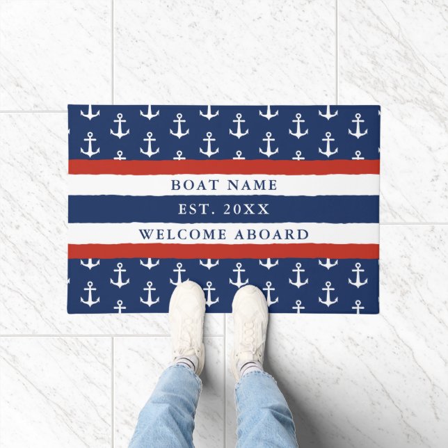 Welcome Aboard Boat Name Nautical Navy Blue Doormat (Indoor)