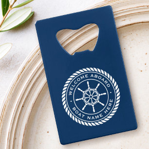 Welcome aboard boat name nautical ship's wheel
