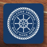Welcome aboard boat name nautical ship's wheel coaster<br><div class="desc">Coaster featuring a white,  elegant ship's wheel and rope emblem with custom text "welcome aboard" and boat name on a dark blue background.</div>