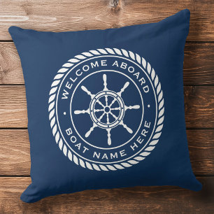 Welcome aboard boat name nautical ship's wheel cushion