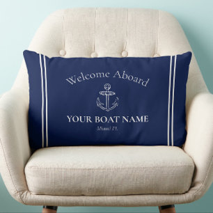 Welcome Aboard Boat Name Navy Blue White Nautical Lumbar Cushion