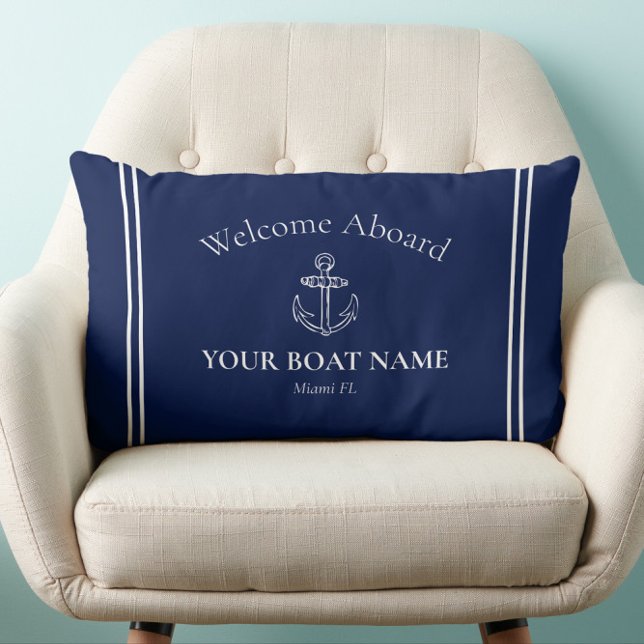 Welcome Aboard Boat Name Navy Blue White Nautical Lumbar Cushion (Classic Navy Blue Welcome Aboard Nautical Pillow Personalized with Your Boat Name and Home Port)