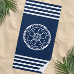 Welcome aboard boat name rope nautical ship wheel beach towel<br><div class="desc">Beach towel featuring a white,  elegant ship's wheel and rope emblem with custom text "welcome aboard" and boat name on a dark blue background. At the top and bottom of the towel are white stripes.</div>