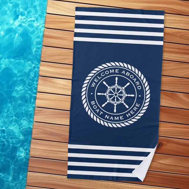Welcome aboard boat name rope nautical ship wheel beach towel (Welcome aboard boat name rope nautical ship wheel beach towel)