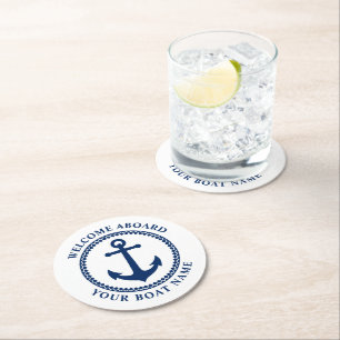 Welcome Aboard Boat Name Sea Anchor Blue White Rou Round Paper Coaster