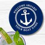 Welcome Aboard Boat Name Sea Anchor Navy Blue Coas Coaster Set<br><div class="desc">A stylish nautical themed coaster set with welcome aboard and your personalised boat name or other desired text. Features a custom designed sea anchor with diamond trim. Comes in white on navy blue or easily change the base colour to match your current decor.</div>