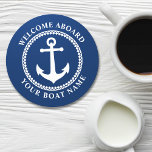Welcome Aboard Boat Name Sea Anchor Navy Blue Roun Round Paper Coaster<br><div class="desc">A stylish nautical themed paper coaster set with welcome aboard and your personalised boat name or other desired text. Features a custom designed sea anchor with diamond trim. Comes in white on navy blue or easily change the base colour to match your current decor.</div>