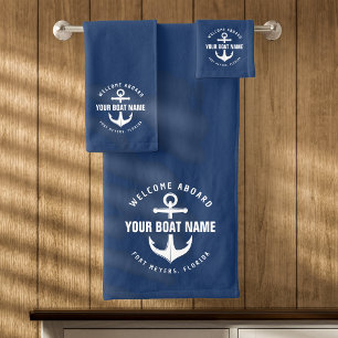 Welcome Aboard Boat Navy Blue Nautical Anchor Bath Towel Set