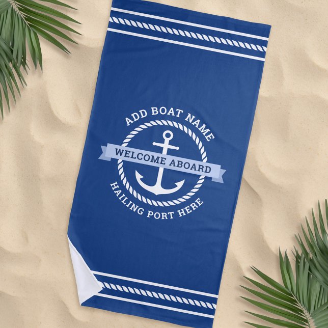 Welcome aboard custom boat name anchor and rope beach towel (Creator Uploaded)