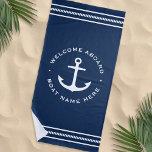 Welcome aboard custom boat name anchor dark blue beach towel<br><div class="desc">Beach towel featuring a white nautical anchor and customisable text "welcome aboard" and your boat name. White design on dark blue background.</div>