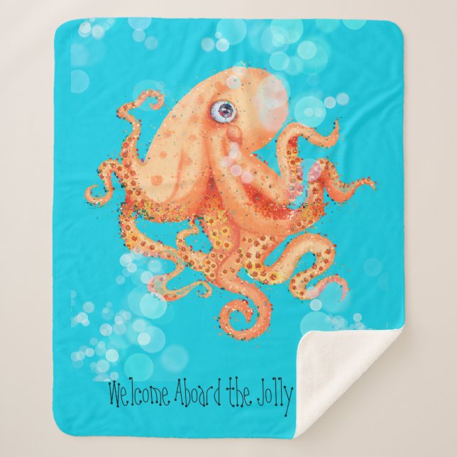 Welcome aboard cute orange octopus sherpa blanket (Front)