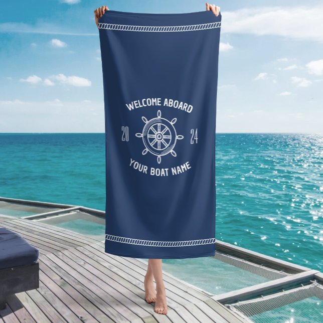 Welcome Aboard Gift for Boat Owners Navy Blue Beach Towel (Creator Uploaded)